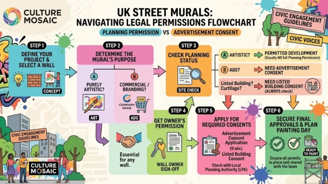 An infographic titled "UK Street Murals: Navigating Legal Permissions Flowchart" by Culture Mosaic detailing a 6-step permission process: Step 1 (Define project and select wall), Step 2 (Determine mural's purpose: artistic vs commercial), Step 3 (Check planning status: permitted development, advertisement consent, or listed building consent), Step 4 (Get property owner permission), Step 5 (Apply for required consents with local planning authority), and Step 6 (Secure final approvals and plan painting day).
