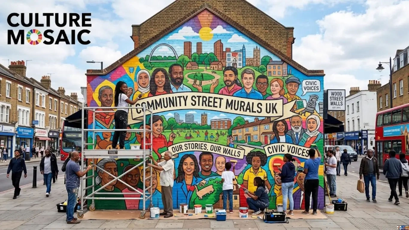 A bustling photograph capturing a diverse group of UK residents actively painting a vibrant, collaborative community street mural on a brick building, featuring the text "CULTURE MOSAIC," "COMMUNITY STREET MURALS UK," "OUR STORIES, OUR WALLS," and "CIVIC VOICES" with local volunteers, scaffolding, and typical British urban scenery.