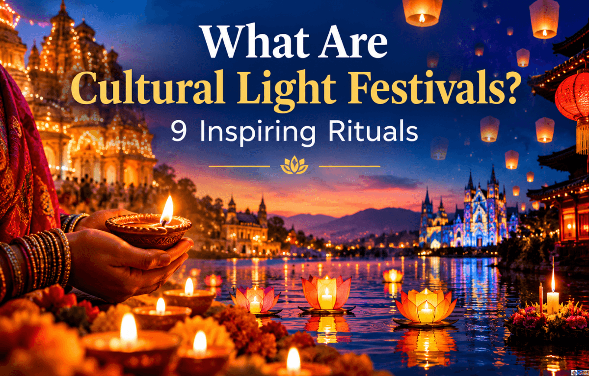 Promotional banner for "What Are Cultural Light Festivals? 9 Inspiring Rituals," featuring hands holding a lit diya oil lamp, floating floral candle lanterns on a river at dusk, glowing sky lanterns, and illuminated historic architecture in the background.