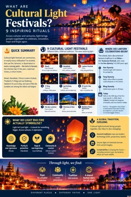 Infographic guide for "What Are Cultural Light Festivals? 9 Inspiring Rituals," detailing nine global traditions including Diwali, Hanukkah, and Loy Krathong, alongside historical timelines, symbolism breakdowns, and modern evolutions.