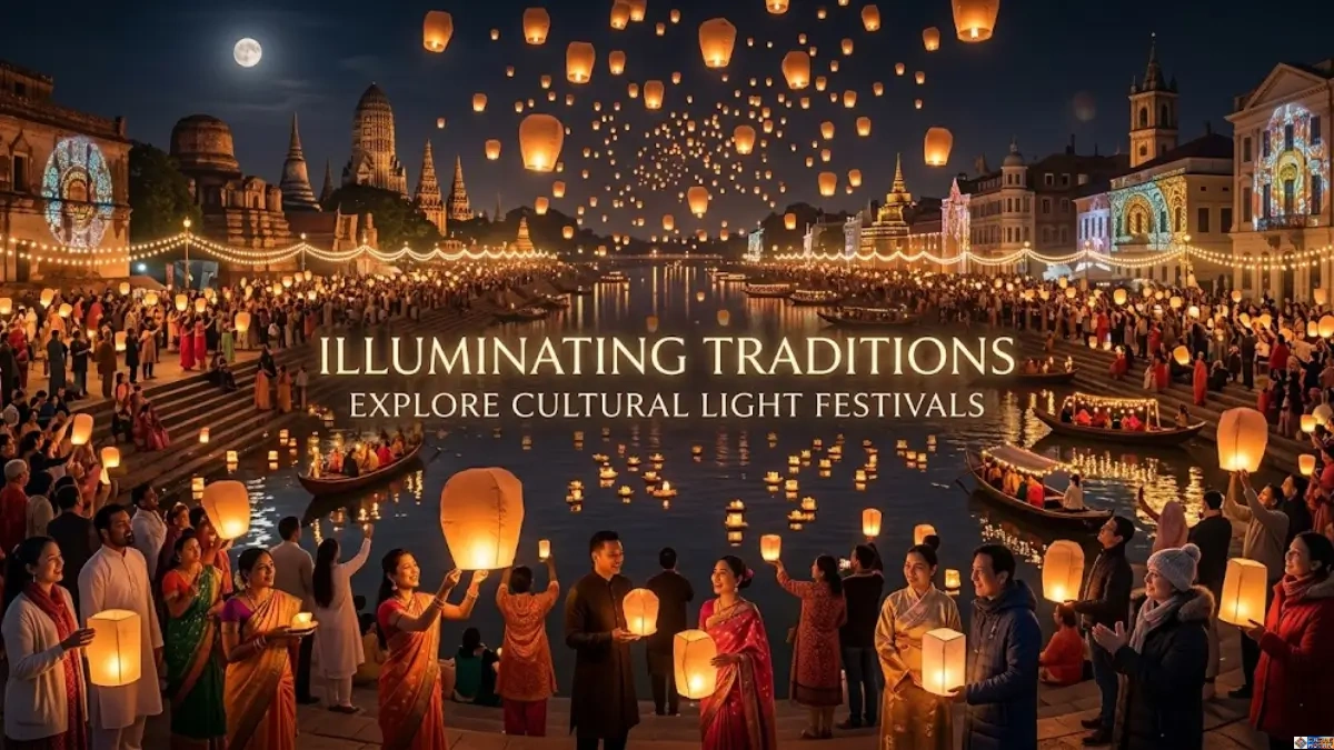 A vibrant hero image showing diverse crowds celebrating cultural light festivals. People hold lanterns on a riverbank beside illuminating architecture as sky lanterns float above water. Text reads 'ILLUMINATING TRADITIONS EXPLORE CULTURAL LIGHT FESTIVALS'.