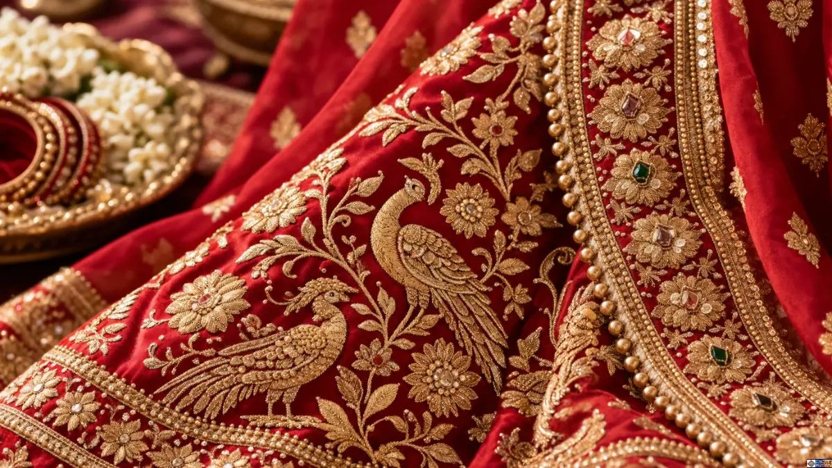 Intricate zardozi peacocks and floral cultural wedding dress motifs stitched in gold thread on red bridal silk