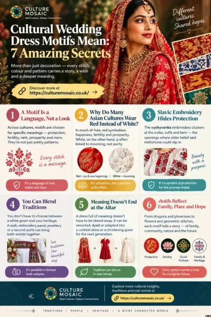 Infographic detailing cultural wedding dress motifs and secrets, exploring embroidery languages, red bridal traditions, and blended heritage customs.