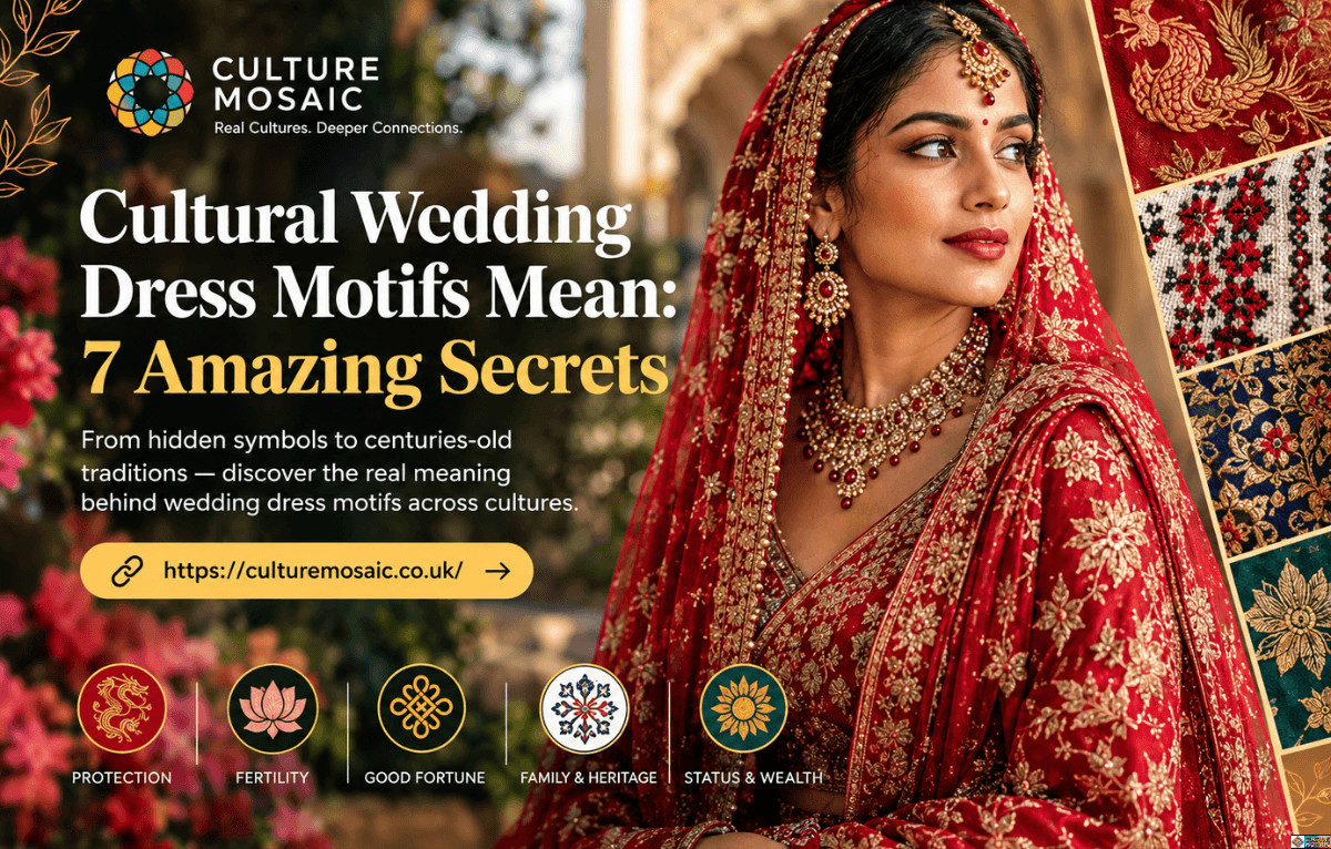 Cultural wedding dress motifs featuring a bride in traditional red and gold attire alongside global embroidery patterns symbolizing protection, fertility, and heritage.