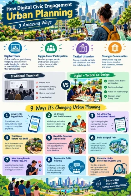 An illustrated infographic titled How Digital Civic Engagement Transforms Urban Planning: 9 Amazing Ways, comparing traditional town halls with digital co-design and outlining nine strategies for community-driven city planning