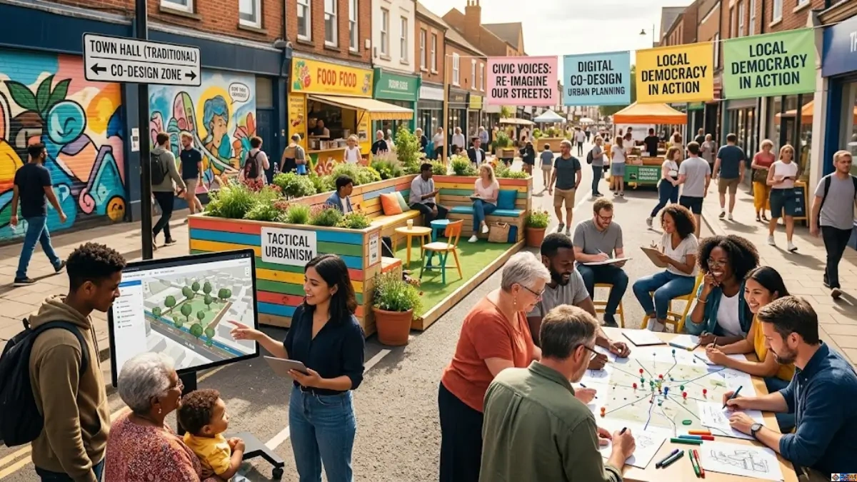 Digital Civic Engagement Urban Planning: "A vibrant, outdoor community workshop on a pedestrianized UK street, showing diverse residents collaborating on urban planning. Participants engage with a large interactive touchscreen displaying digital co-design maps and a physical 3D site model with pins, while colorful banners declare 'CIVIC VOICES: RE-IMAGINE OUR STREETS!', 'DIGITAL CO-DESIGN URBAN PLANNING', and 'LOCAL DEMOCRACY IN ACTION'. In the background, a colorful tactical urbanism parklet with seating and plants demonstrates a real-world community intervention."