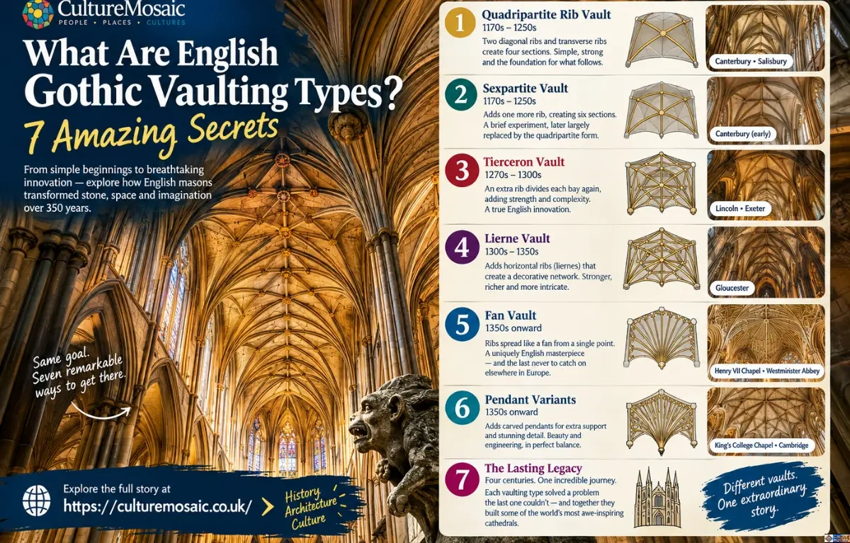 Infographic explaining English Gothic vaulting types and 7 architectural secrets, detailing quadripartite, sexpartite, tierceron, lierne, and fan vaults found in historic cathedrals.