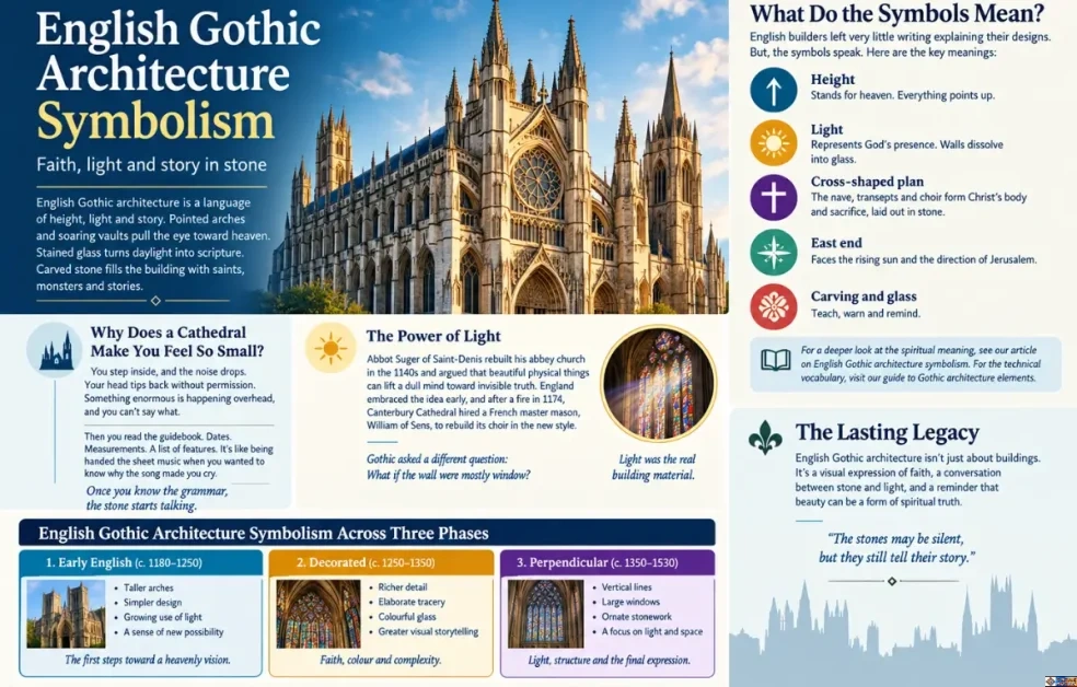 Infographic explaining English Gothic architecture symbolism through height, light, cross-shaped plans, sacred imagery, and the Early English, Decorated, and Perpendicular phases.