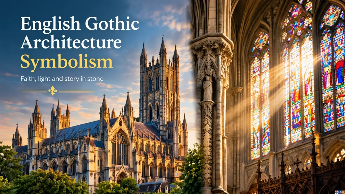 nglish Gothic architecture symbolism featuring a medieval cathedral exterior alongside soaring interior stone columns and stained glass windows bathed in light.