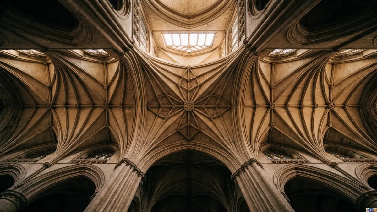 Majestic stone intricate ribbed vaulting across the cathedral ceiling, illustrating the beauty of English Gothic vaulting types converging at carved bosses in a medieval nave.
