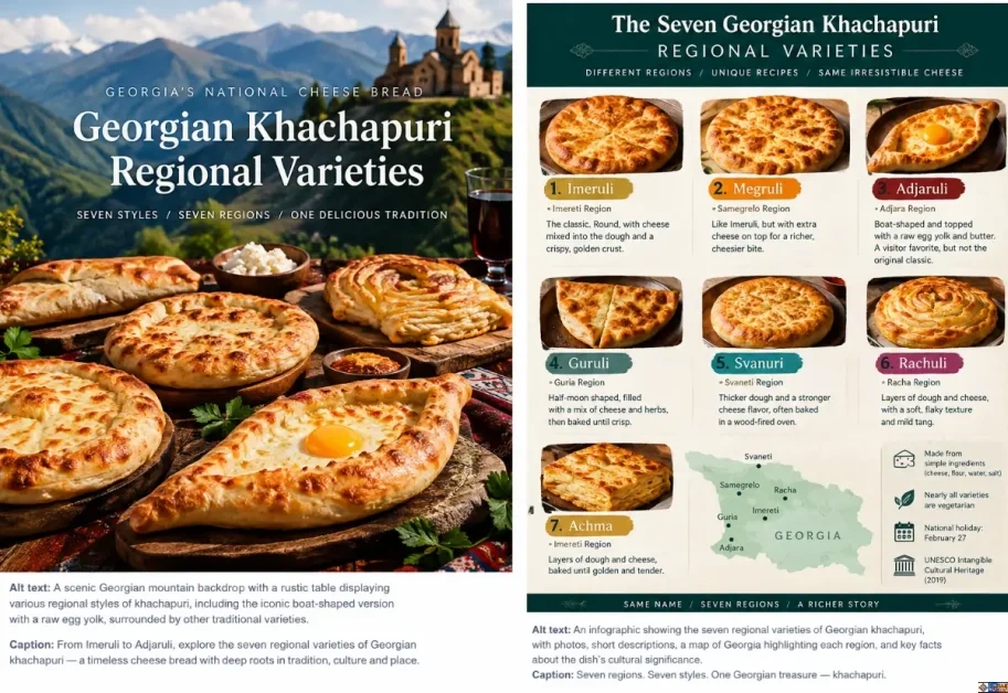 An infographic and rustic spread showcasing Khachapuri regional varieties, featuring the famous boat-shaped Adjaruli with an egg yolk, round Imeruli, and a map of Georgia.