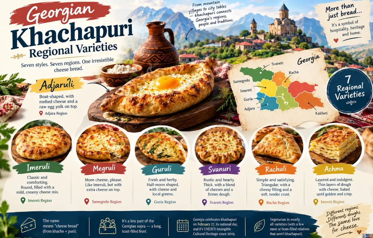 Infographic titled "Georgian Khachapuri Regional Varieties," illustrating seven styles of Georgian cheese bread including Imeruli, Megruli, Guruli, Svanuri, Rachuli, Achma, and Adjaruli, accompanied by a regional map of Georgia.