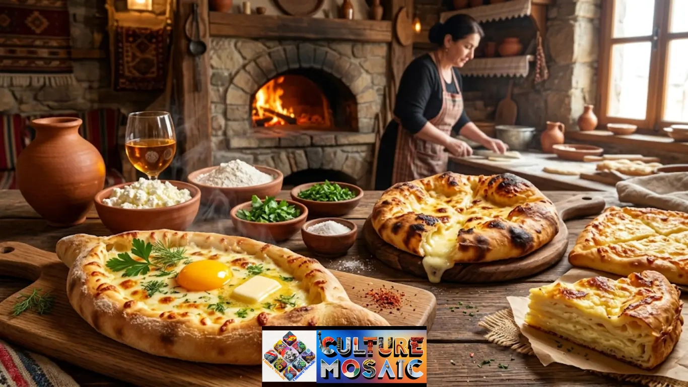 Georgian Khachapuri Regional Varieties: A rustic wooden table in a traditional Georgian kitchen is abundant with various types of fresh Khachapuri, featuring a boat-shaped Adjaruli with a melting egg and butter, a round Imeruli, and layered Achma. In the background, a woman in an apron prepares more dough by a blazing brick oven, surrounded by ingredients like curd cheese and flour.