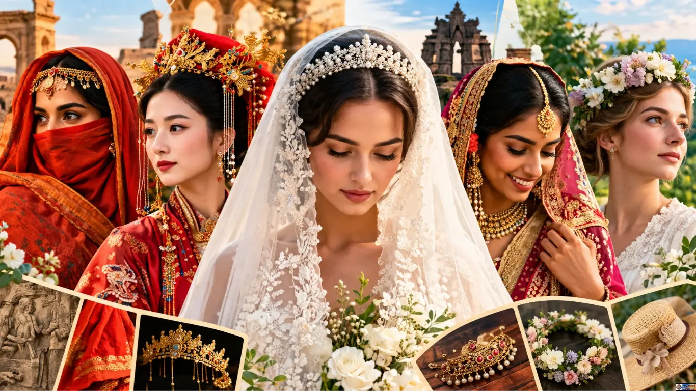 A collage showcasing diverse global bridal headwear traditions, featuring brides in various cultural attire including veils, elaborate gold crowns, decorative mathapatis, and floral wreaths.
