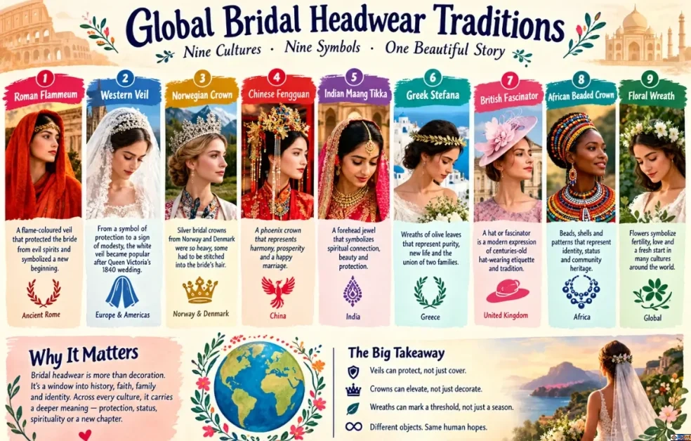Infographic titled "Global Bridal Headwear Traditions: Nine Cultures • Nine Symbols • One Beautiful Story," detailing nine traditional bridal headdresses including the Roman Flammeum, Western Veil, Norwegian Crown, Chinese Fengguan, Indian Maang Tikka, Greek Stefana, British Fascinator, African Beaded Crown, and Floral Wreath.