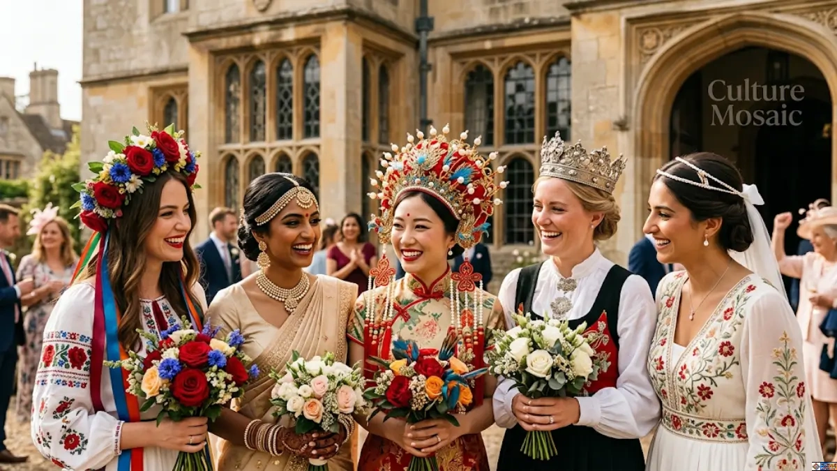 Global Bridal Headwear Traditions: A wide-angle photograph capturing a diverse group of five smiling women, representing different cultural bridal styles, standing together in the courtyard of a historic UK stone building. From left to right: A woman wearing a colorful Ukrainian flower crown with ribbons and an embroidered vyshyvanka; an Indian bride in a gold sari and traditional jewelry; a Chinese bride in an elaborate red and gold 'Fengguan' phoenix crown and qipao; a Scandinavian-style bride wearing a massive silver crown and traditional folk costume; and a woman in a Western-style white embroidered dress and pearl headpiece. Each woman holds a distinct floral bouquet. The background shows blurred wedding guests and the "Culture Mosaic" logo.