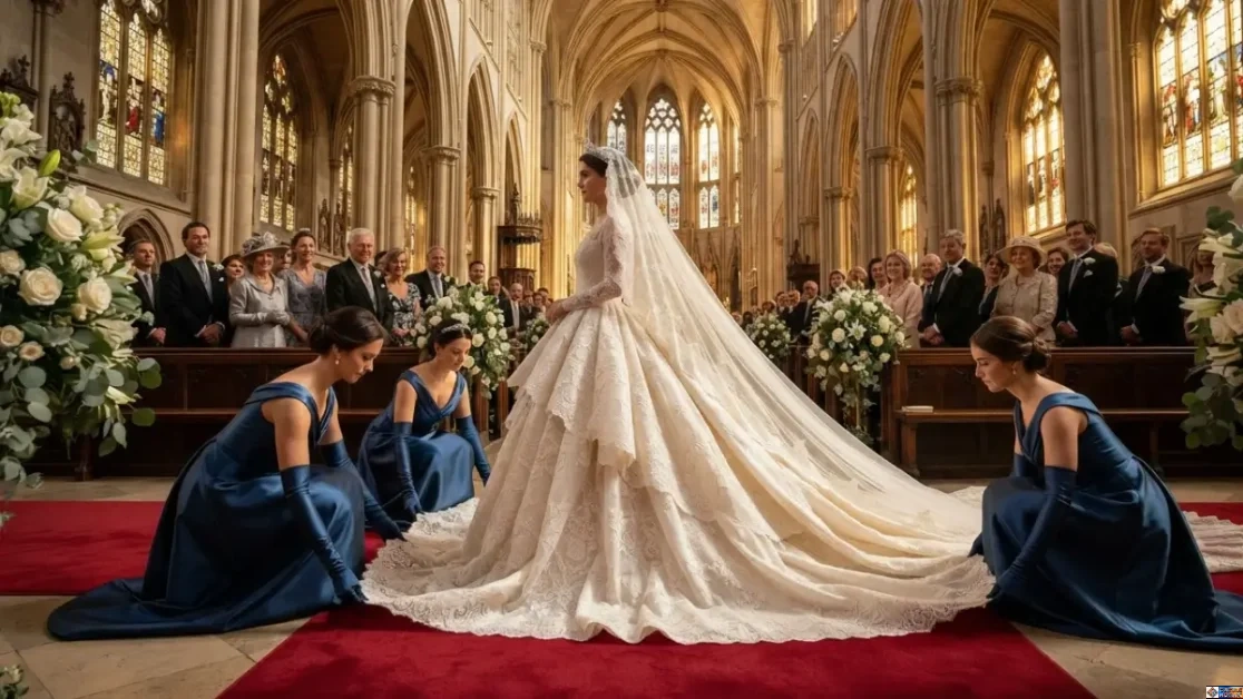 A bride in a grand white gown with a long train and veil stands in a historic cathedral, demonstrating Western global bridal wear traditions alongside bridesmaids in blue dresses.