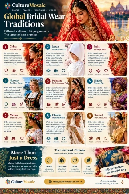 Infographic guide for "Global Bridal Wear Traditions," detailing nine unique wedding garments and customs from China, Japan, India, Norway, Palestine, Nigeria, Mexico, Ethiopia, and Thailand, alongside a universal threads breakdown.