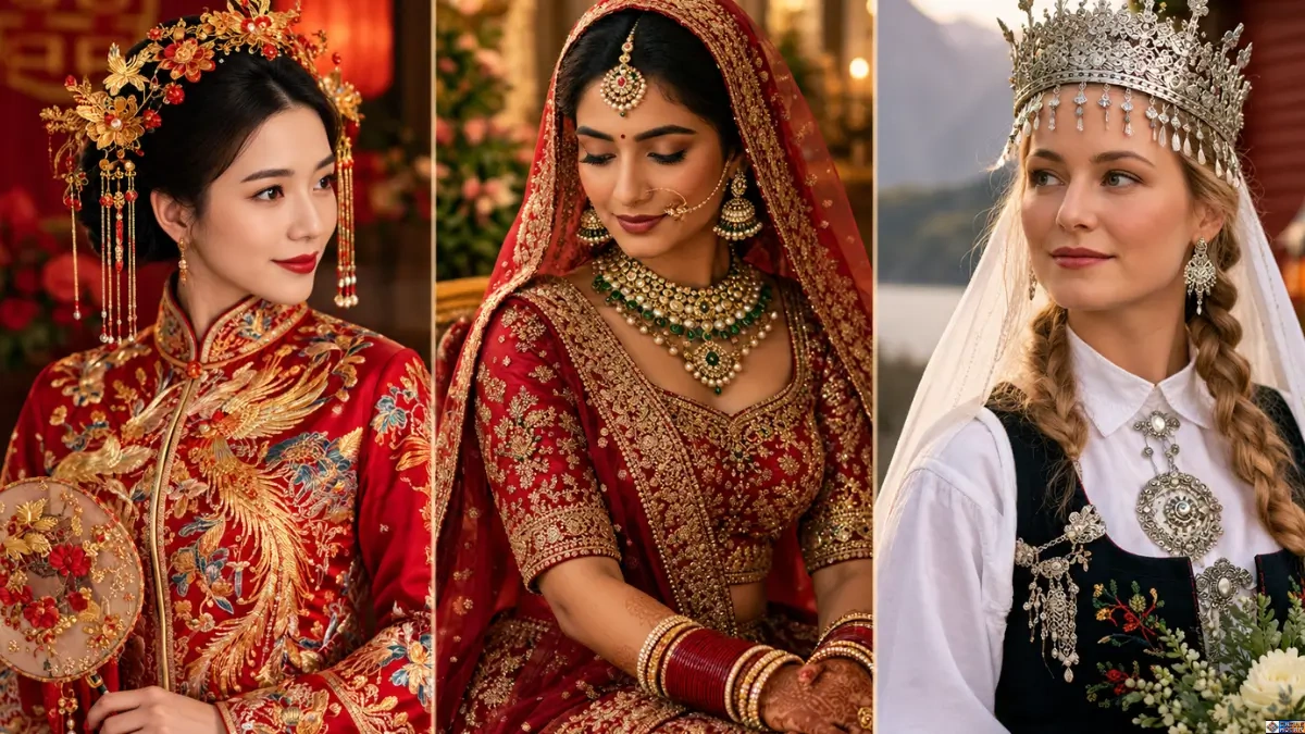 A triptych collage highlighting global bridal wear traditions, featuring a Chinese bride in an embroidered red and gold gown, an Indian bride in a crimson lehenga with intricate jewelry, and a Norwegian bride wearing a silver brudekrone crown.