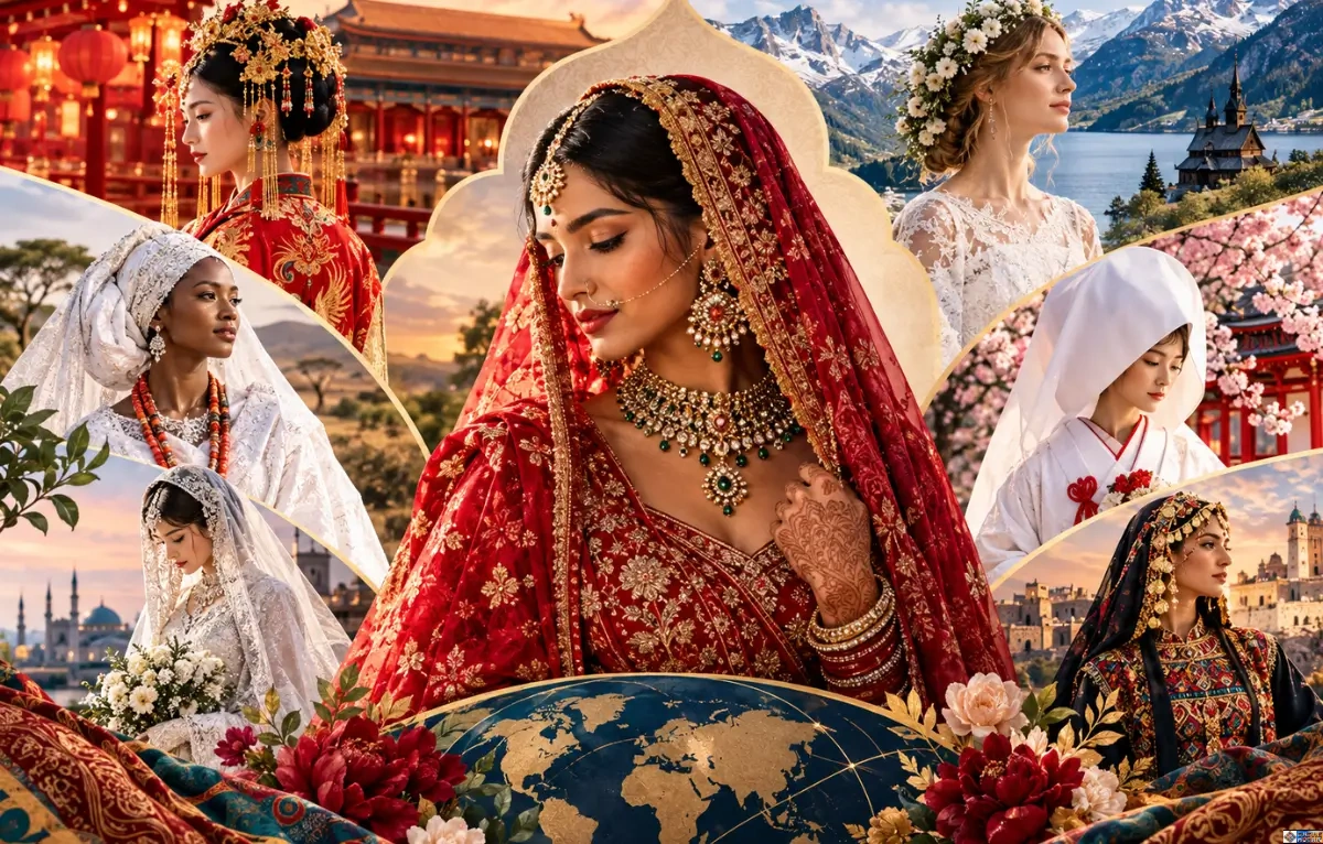 Global Bridal Wear Traditions collage featuring a central South Asian bride in a red lehenga and gold jewelry, surrounded by brides from diverse cultural backgrounds in traditional wedding attire from China, Africa, Japan, and Europe.