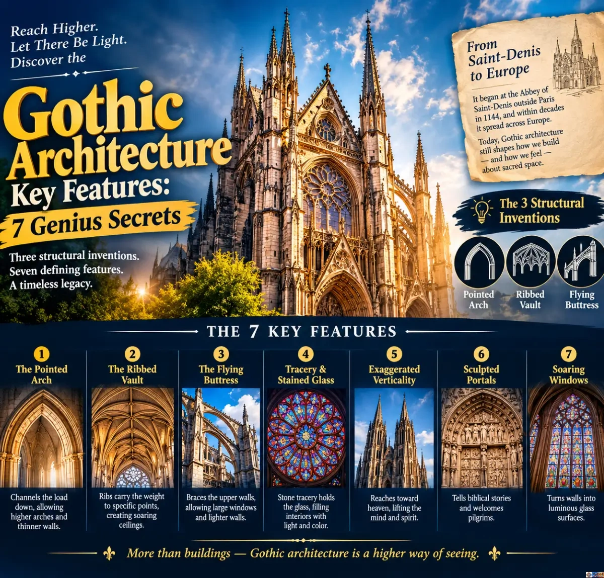 Infographic titled "Gothic Architecture Key Features: 7 Genius Secrets," showcasing a detailed cathedral facade, the three structural inventions (pointed arch, ribbed vault, and flying buttress), and the seven defining features.