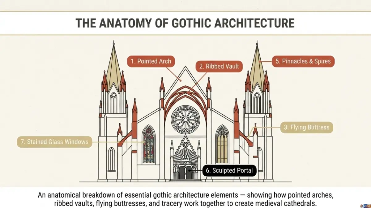 Gothic architecture elements diagram showing pointed arches, ribbed vaults, flying buttresses, tracery windows, spires, and sculpted portals in a medieval cathedral elevation.