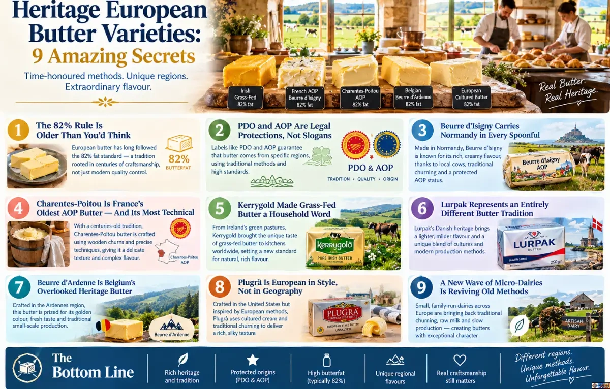 Infographic featuring nine heritage European butter varieties and secrets, highlighting 82% butterfat, PDO/AOP protections, regional French, Irish, Danish and Belgian butters, European-style butter, traditional churning, and artisan micro-dairies.