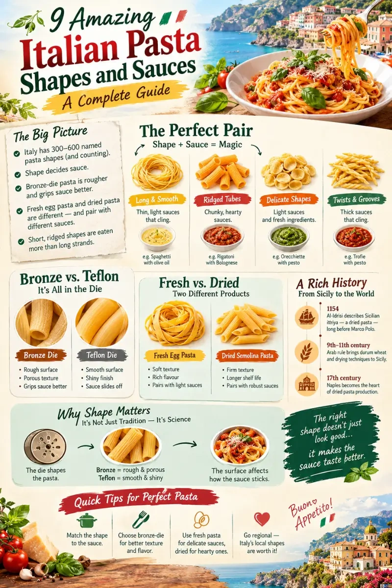 Infographic for Culture Mosaic titled "9 Amazing Italian Pasta Shapes and Sauces: A Complete Guide," illustrating the science of pasta shapes, bronze-die versus Teflon extrusion, fresh versus dried pasta, and historical timelines of pasta production.