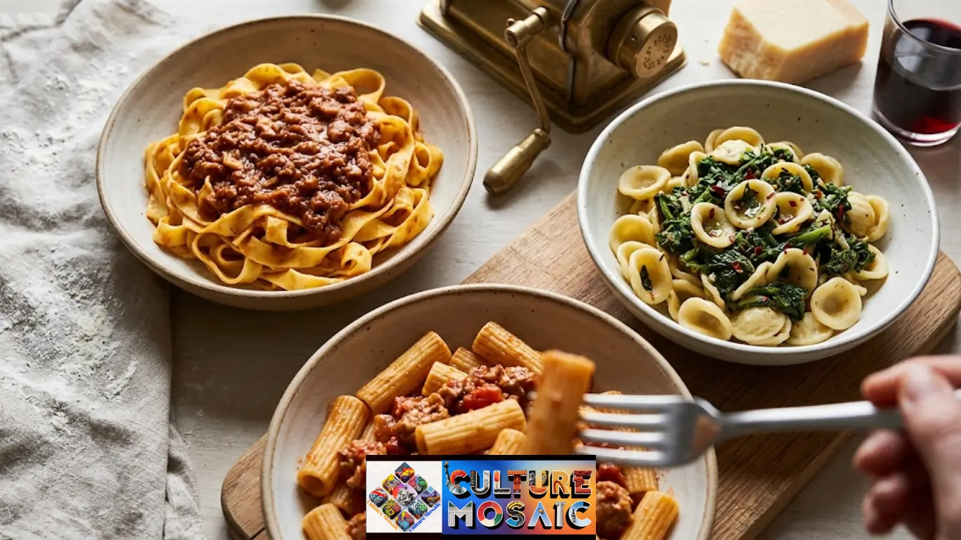 An authentic Italian dining scene featuring different bronze-die extruded Italian pasta shapes and sauces, illustrating a classic pasta pairing guide for authentic regional recipes.