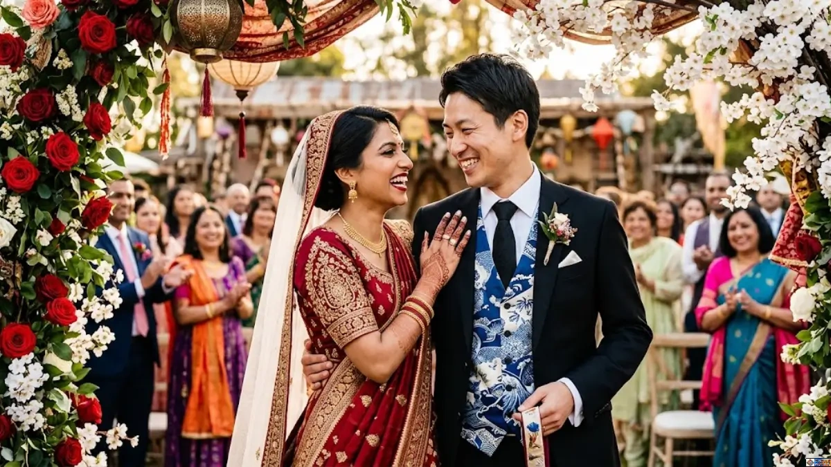 Multicultural Wedding Attire: A joyful multicultural wedding couple smiling and embracing, showcasing custom fusion attire that blends red and gold South Asian Zari embroidery with Japanese kimono silk patterns.