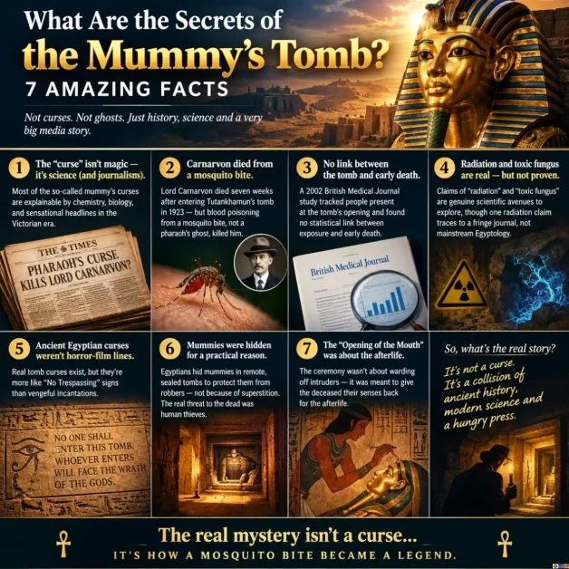 An infographic exploring the Secrets of the Mummy’s Tomb, breaking down 7 facts about ancient Egyptian curses, Lord Carnarvon, and historical science.