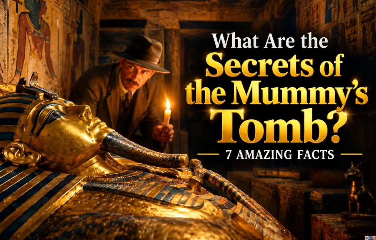 An explorer holding a lit candle looks over a golden sarcophagus inside an ancient Egyptian tomb adorned with hieroglyphics.