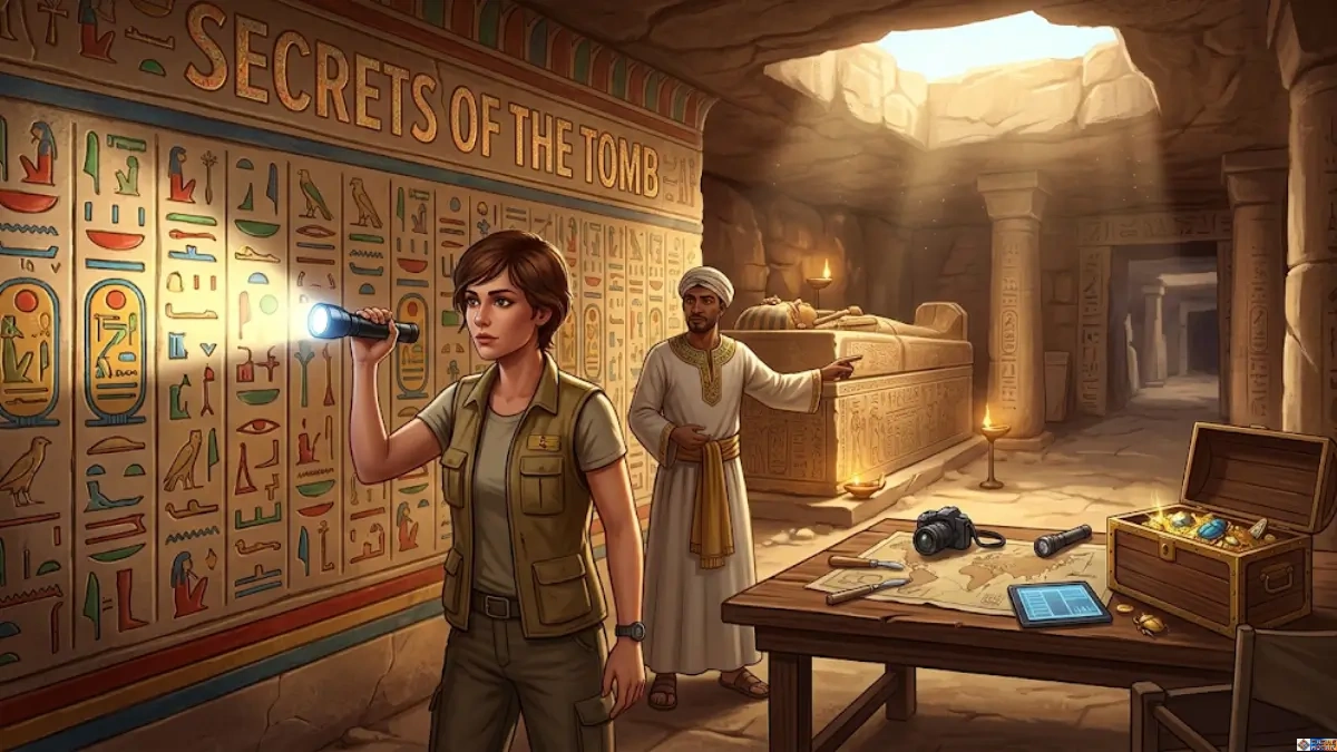 Secrets of the Mummy's Tomb: An archaeologist shines a flashlight on a wall of hieroglyphs in an ancient Egyptian tomb, discovering a room filled with treasure and a sarcophagus. Text on the wall reads "Secrets of the Tomb."