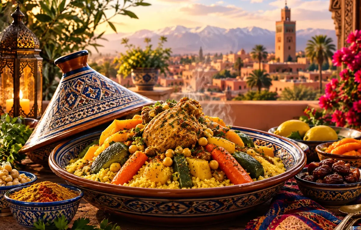 A traditional Moroccan couscous recipe dish served in a hand-painted ceramic bowl alongside an ornate tagine lid, spices, dates, and a scenic rooftop view of a Moroccan town at sunset