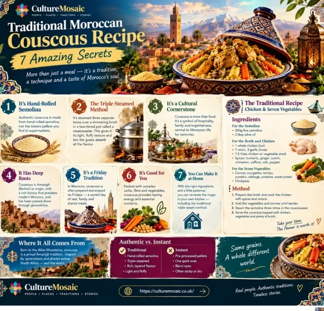 A Culture Mosaic infographic detailing a traditional Moroccan couscous recipe with chicken and seven vegetables, covering 7 amazing secrets, the triple-steamed method, and ingredient lists