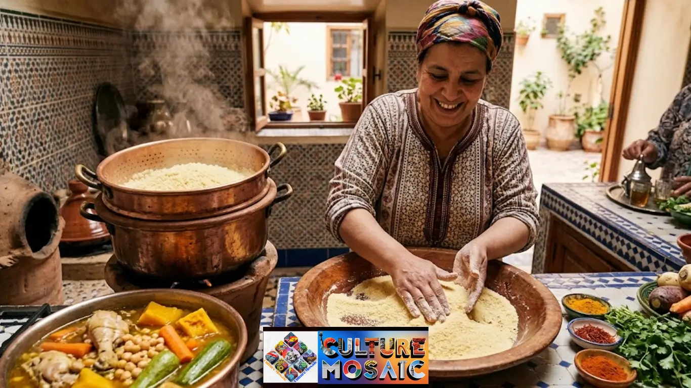 A photograph capturing the authentic 'couscoussier' steaming method, where fine semolina grains absorb the aromatic steam rising from a rich chicken and vegetable broth—a key technique in any traditional Moroccan couscous recipe.