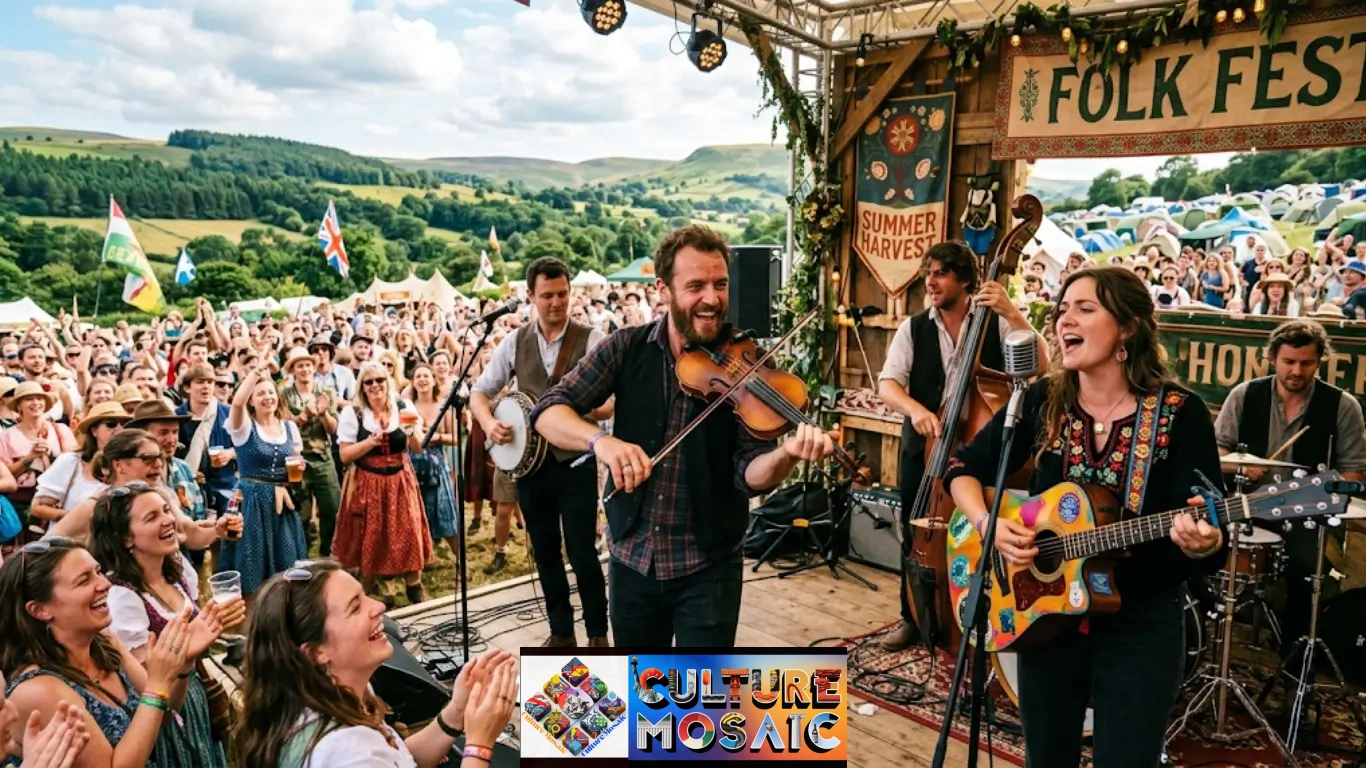 Traditional folk music festivals featuring live musicians playing fiddles and acoustic guitars on an outdoor summer stage in the UK countryside