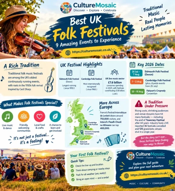 Infographic guide for "Best UK Folk Festivals: 9 Amazing Events to Experience," featuring festival highlights, a 2026 dates calendar, a UK festival map, quick tips for first-timers, and insights into the modern folk music scene.
