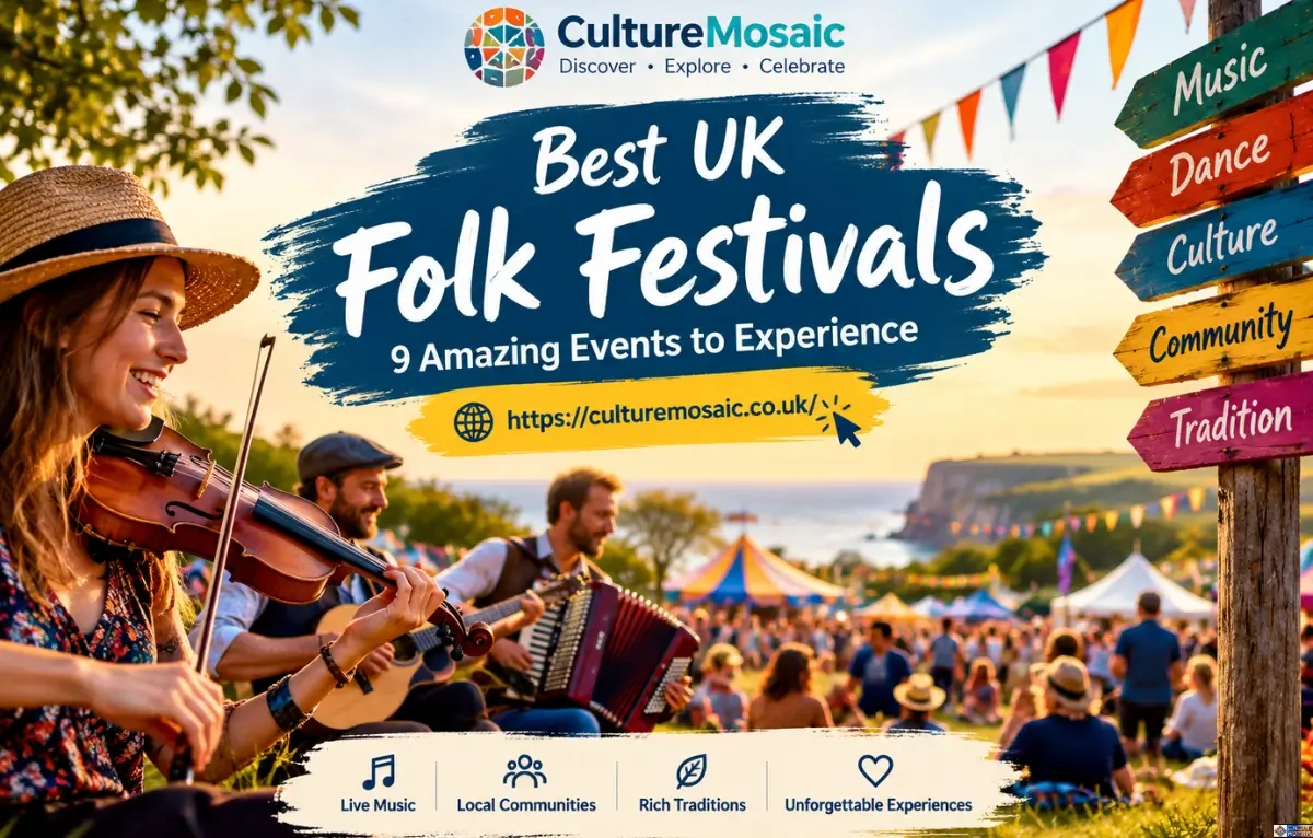 Traditional Folk Music Festivals: Culture Mosaic promotional banner for "Best UK Folk Festivals: 9 Amazing Events to Experience," featuring musicians playing the violin and accordion outdoors at a festival with tents, colourful bunting, and a directional signpost reading Music, Dance, Culture, Community, and Tradition.