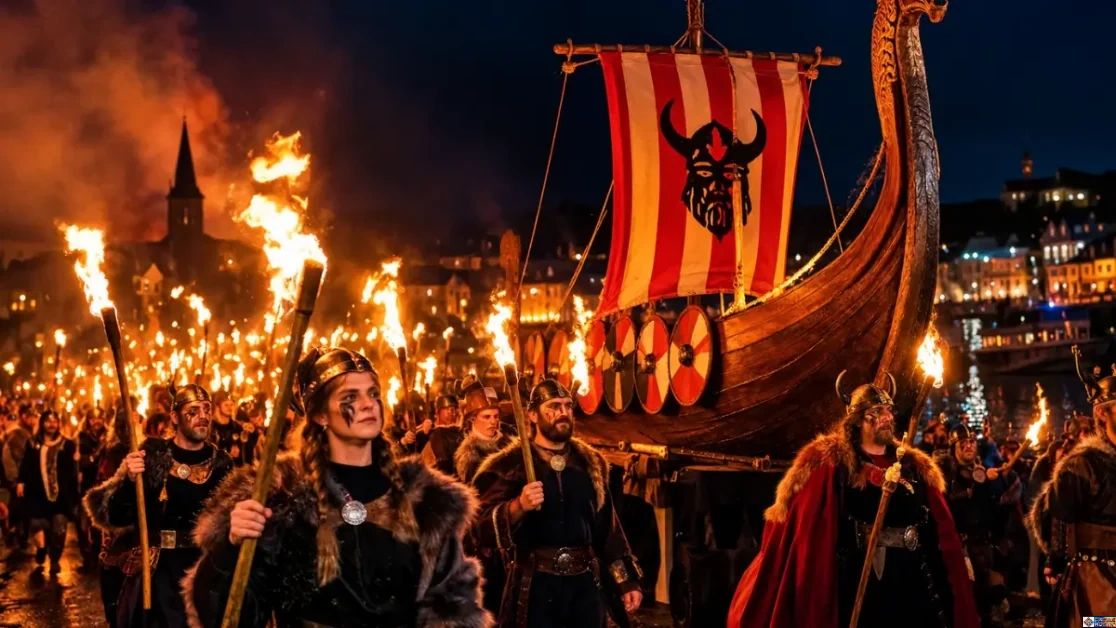 Up Helly Aa torchlit procession in Lerwick, Shetland, with costumed guizers carrying flaming torches around a Viking-style longship at night.