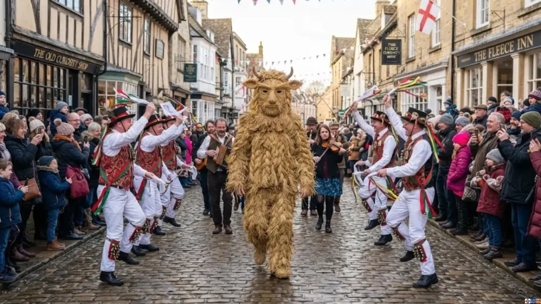 A performer in a full-body straw costume parading down a cobblestone British street surrounded by Morris dancers during the Whittlesea Straw Bear Festival, one of the world's most unique cultural festivals in England.