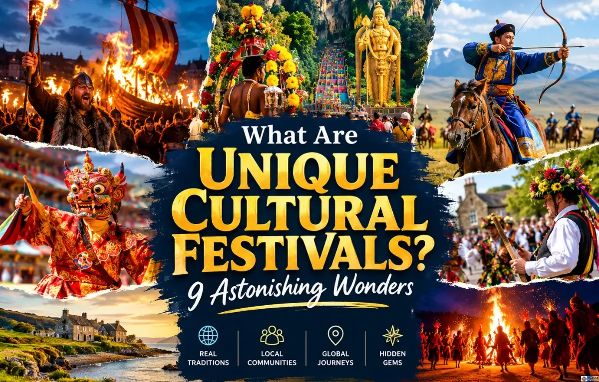 Vibrant collage for "What Are Unique Cultural Festivals? 9 Astonishing Wonders," showcasing global heritage traditions including Viking fire festivals, temple celebrations, mounted archers, ornate ritual masks, and folk dancing around a bonfire.