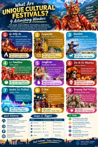 Comprehensive infographic for "What Are Unique Cultural Festivals? 9 Astonishing Wonders," showcasing nine global celebrations from Up Helly Aa to Boryeong Mud Festival, complete with a quick summary, comparison table, and FAQs.