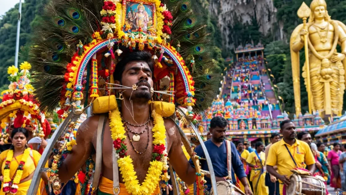 Thaipusam devotees carrying elaborate kavadi during a colorful procession at Batu Caves in Malaysia.