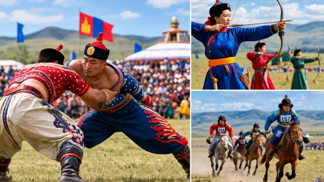 Naadam festival in Mongolia featuring traditional wrestling, female archers, and horse racing across the Mongolian steppe.