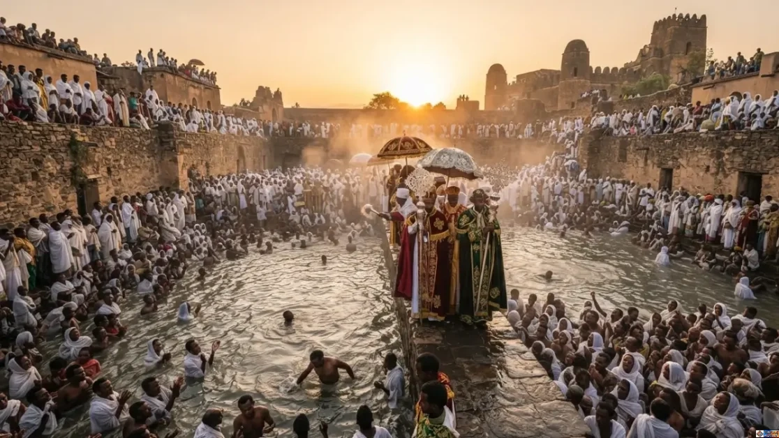 Thousands of participants dressed in white gathering for Timkat, one of the world's most unique cultural festivals, celebrating Epiphany at a historic water bath in Ethiopia.