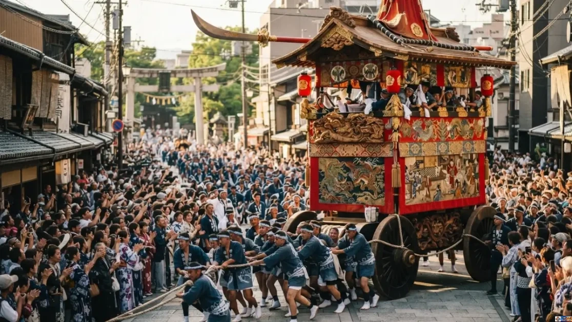 An ornate wooden yamaboko float being pulled through the historic streets of Kyoto during Gion Matsuri, one of the world's most unique cultural festivals.