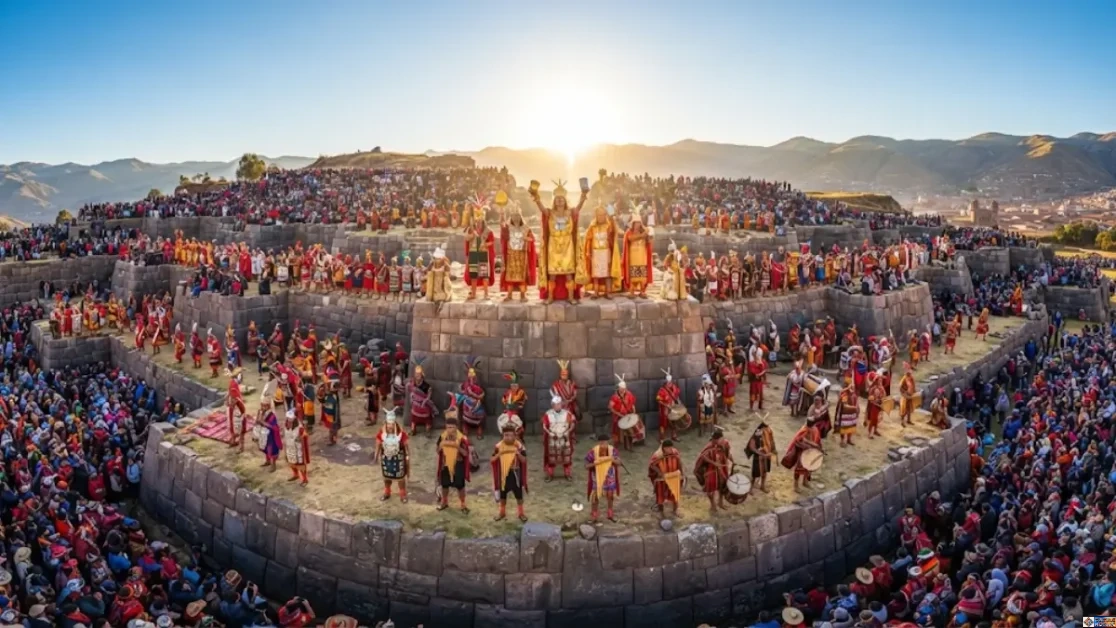 Performers in traditional Incan attire gathered at the Sacsayhuamán stone fortress during Inti Raymi, one of the world's most unique cultural festivals in Cusco, Peru.