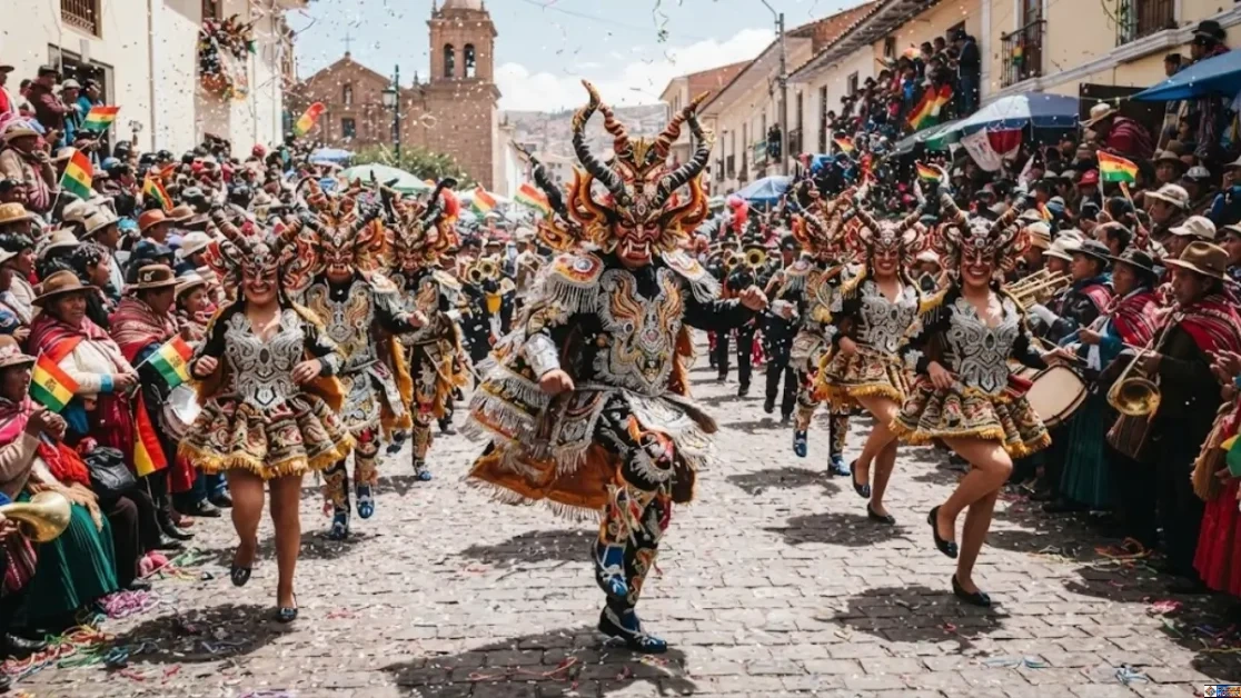 Performers wearing intricate horned devil masks and elaborate traditional costumes during La Diablada at the Carnival of Oruro, one of the world's most unique cultural festivals in Bolivia.