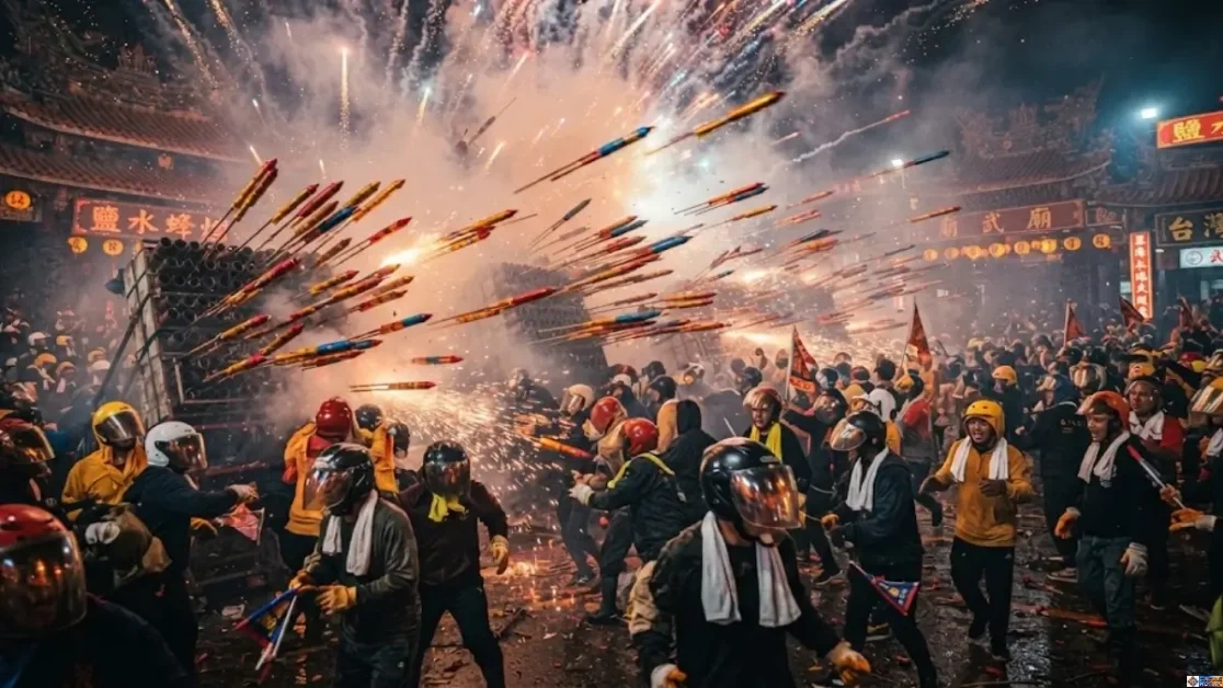 Spectators in heavy helmets and protective gear dodging a barrage of rockets fired from beehive racks during the Yanshui Beehive Fireworks Festival, one of the world's most unique cultural festivals in Tainan, Taiwan.